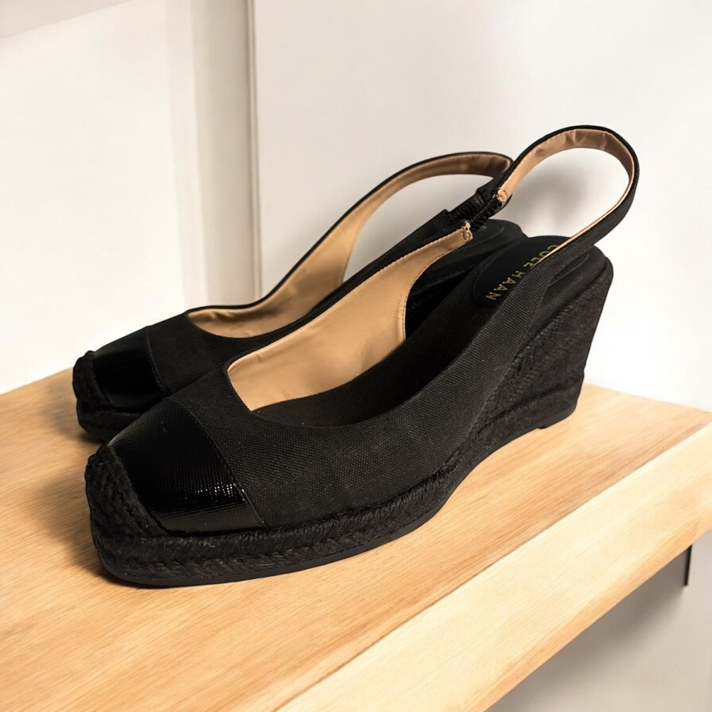Cole Haan Cloudfeel Espadrille Black Wedge Slingback Women's Size 6.5 EUC‎